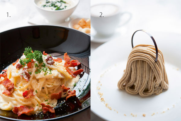 ① ランチセットより、豆腐スープとカルボナーラ ② デザートにモンブランはいかが?